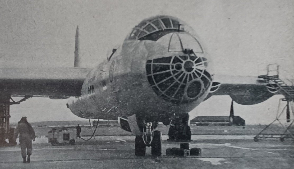 The fuselage of the B-36 is almost completely circular in section. Points of interest include the radar scanner behind the steerable nosewheel unit, the offset bomb-aiming panel, and nose cannon. All "Aeroplane" photographs