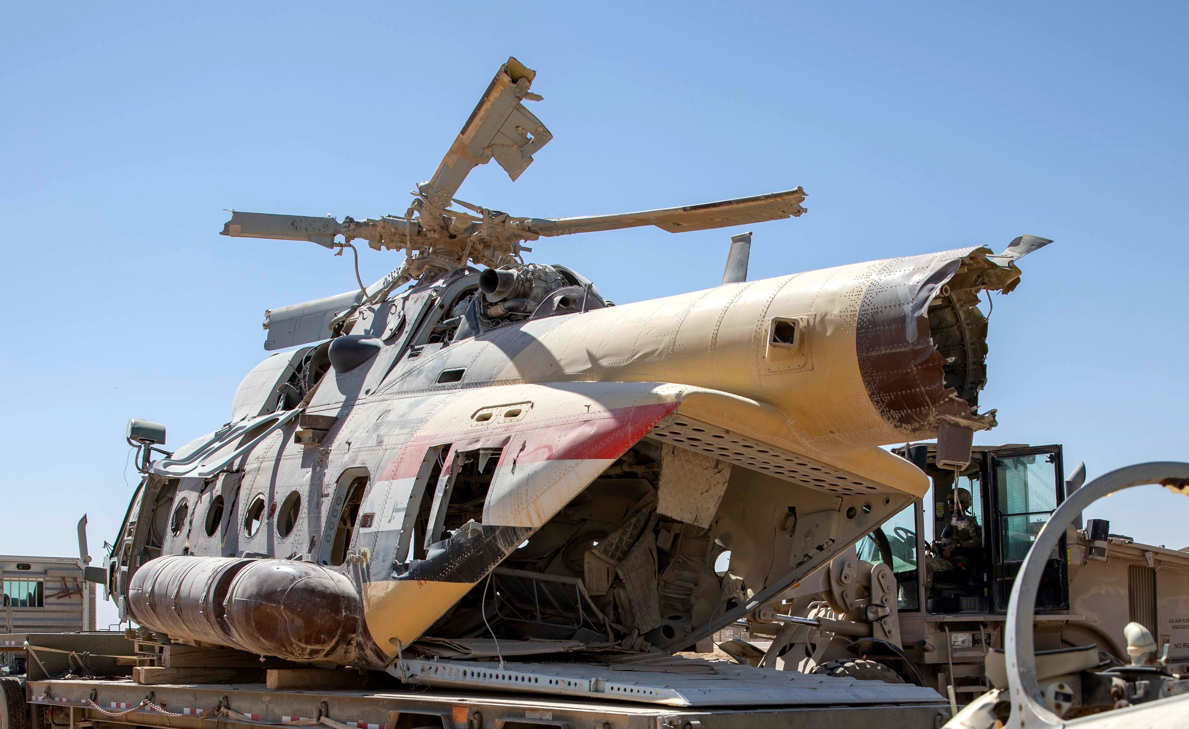 Iraqi Mi-171 recovered by US forces arrives at Al Asad Air Base 7-7-21 [US Army/Cpl Jacob Gleich]