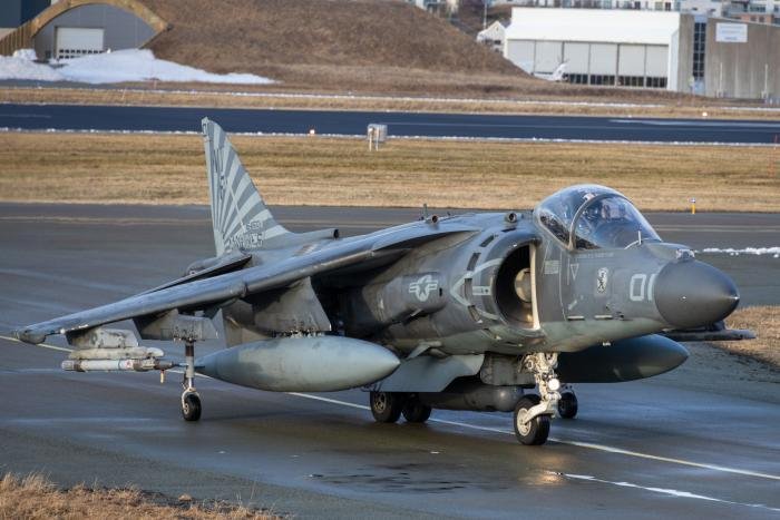 The specially-marked AV-8B of VMA-223’s squadron commander taxies in at Bodø Main Air Station on March 3 after touching down in Norway to participate in Exercise Cold Response 2022. US Marine Corps/Cpl Adam Henke