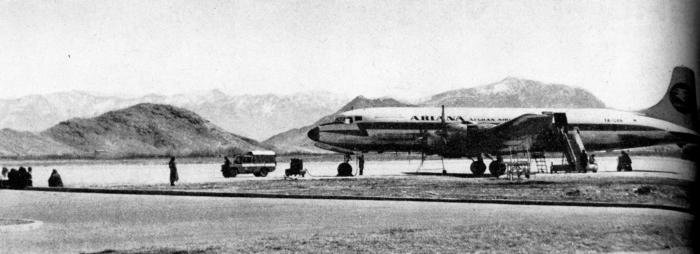 An Ariana DC-6A/B at Kabul airport nearly 6,000ft above sea level. The airline carried 39,285 passengers in the Moslem year ended March 21, an increase of 3 per cent over the previous year.