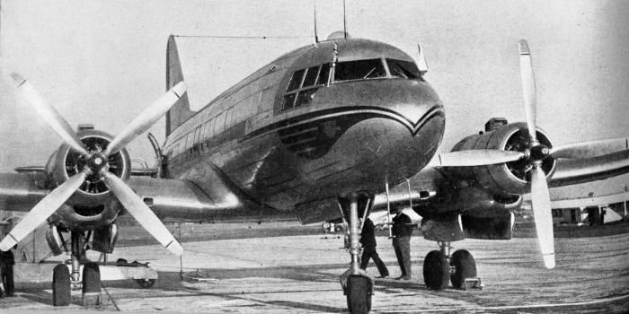 HISTORY MAKER. – The first aeroplane of post-war Russian design to land in England, C.S.A.’s Ilyushin IL-12, is seen here at Northolt a few minutes after its historic arrival. “Aeroplane” photograph