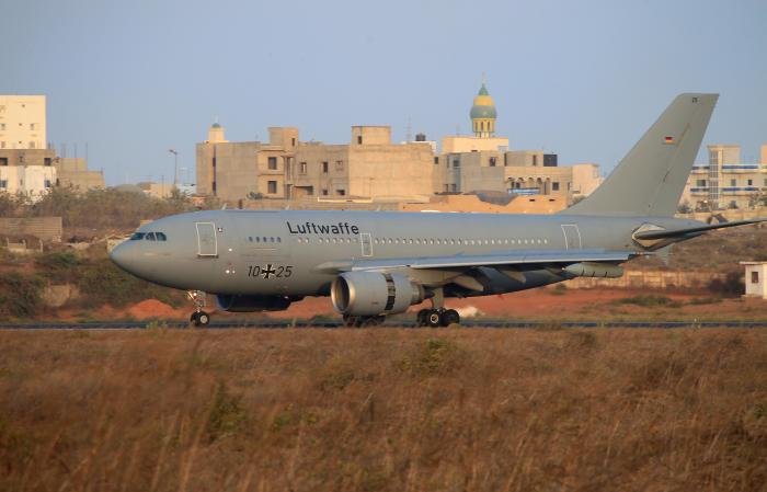 This Luftwaffe-operated Airbus A310-304 MRTT (serial 10+25 'Hermann Köhl') rolls out after landing at an airfield in Dakar, Senegal, on April 29, 2013. This aircraft was the final MRTT-configured A310 to remain in German service and was retired on June 15, 2022.