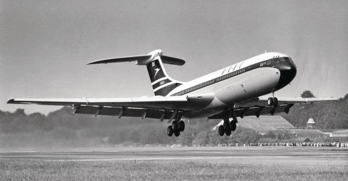 The prototype VC10, G-ARTA (c/n 803) makes its maiden flight from the short Brooklands runway on June 29, 1962.  It landed at the company’s Wisley airfield, close to where all the test flying was conducted from.