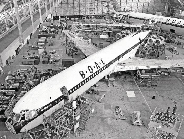 Inside the production hangar at Vickers’ Brooklands facility – two ‘Standard’ VC10s can be seen nearing completion.