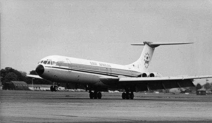 East African Airways Super VC10
pictured at touch down at London Heathrow Airport's runway 28R, late in 1971.