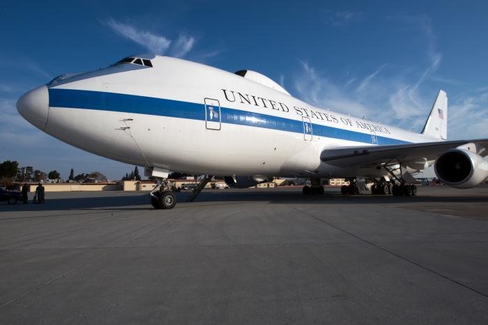 An E-4B aircraft sits on the tarmac at Travis Air Force Base, Calif., Sep. 11, 2017. The E-4B participated in a flyover at the California Capital Airshow.