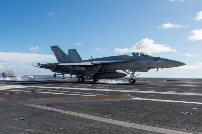 An F/A-18E Super Hornet, attached to the “Sunliners” of Strike Fighter Squadron (VFA) 81, lands on the flight deck of the Nimitz-class aircraft carrier USS Harry S. Truman. Note, this is NOT an image of the Super Hornet involved in the accident