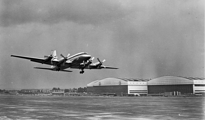 The first Bristol Britannia, G-ALBO, takes off from Filton for its maiden flight on 16 August 1952.