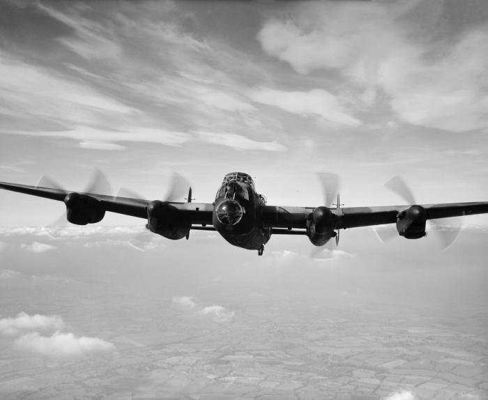 A classic Charles E. Brown study of a Castle Bromwich-built Lancaster I airborne on a flight test in March 1945.