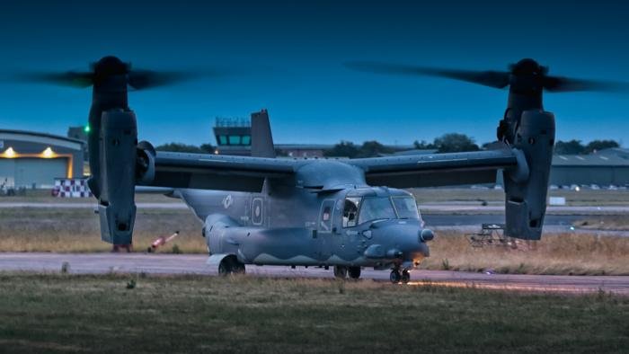 A CV-22 can be seen taxiing at RAF Coningsby in Lincolnshire during a scheduled training mission. Many of the AFSOC CV-22 Osprey missions are conducted in low level light and operate under the 'Knife' callsign.