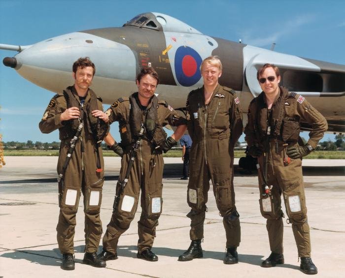 The then Sqn Ldr Edward Jarron is on the far right.  To his left is co-pilot Flt Lt John Hills, then AEO Flt Lt ‘Chip’ Brunsden and nav/plotter Flt Lt Dai Barnes.  This photo was taken during Edward’s second stint with 35 Sqn when he was a captain and flight commander.