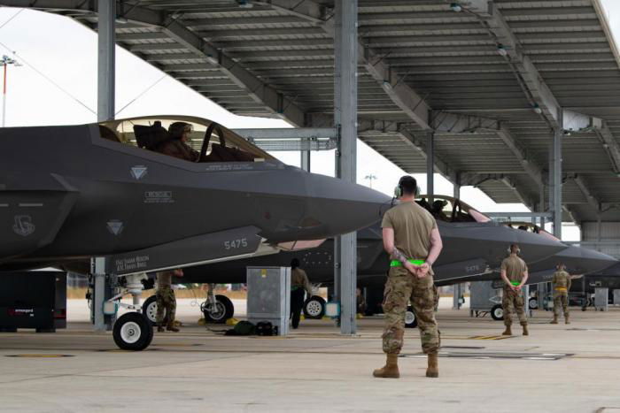 USAF F-35A Lightning II aircraft assigned to the 495th Fighter Squadron, prepare to launch in support of exercise Point Blank 22-4 at RAF Lakenheath, on August 24 . Point Blank is an exercise designed to increase tactical proficiency and interoperability with NATO allies and partners.