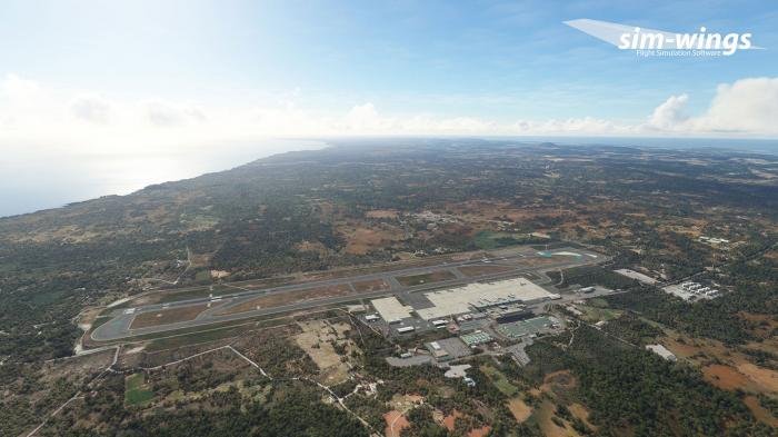 A custom aerial image has been colour-corrected to match the actual airport.