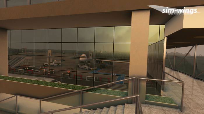 The airport buildings feature PBR materials for realistic glass reflections.