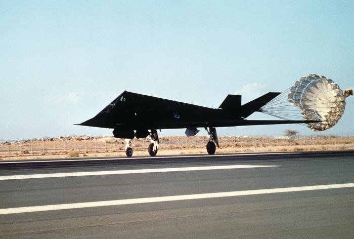 An F-117 landing after an Operation Desert Storm mission.