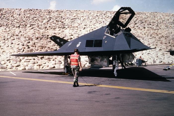 Pre-flight checks of an F-117 in preparation for redeployment to the US after Operation Desert Storm.