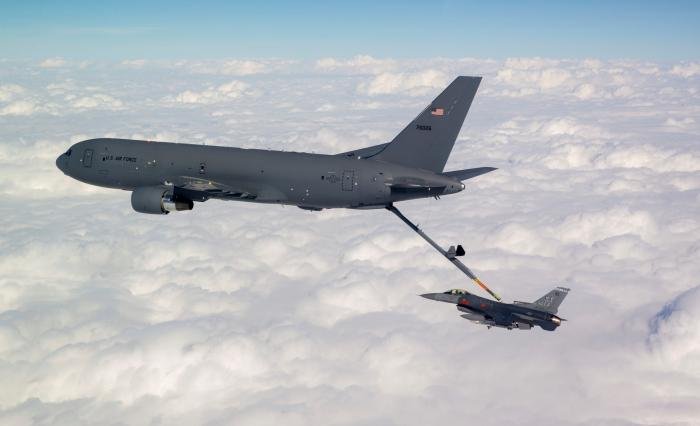 A USAF-operated Boeing KC-46A Pegasus refuels a Lockheed Martin F-16C Fighting Falcon during a flutter mission from Eglin Air Force Base (AFB) in Florida on December 12, 2019.