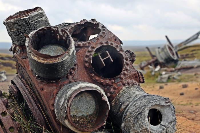 While much of the RB-29A’s wreckage sitting at Higher Shelf Stones is barely identifiable, some is – including all four of the aeroplane’s Wright Duplex Cyclone engines. Such was the aircraft’s impact, it was reported that one of the 2,670lb powerplants was found more than 100ft away from main wreck site