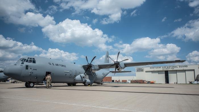 The eighth C-130J Super Hercules for the Kentucky ANG's 123rd AW is seen shortly after arriving at Louisville ANGB, Kentucky, on August 25, 2022. The delivery of this aircraft (serial 19-5945) marked the completion of the 123rd AW's transition from the legacy C-130H to the new C-130J.