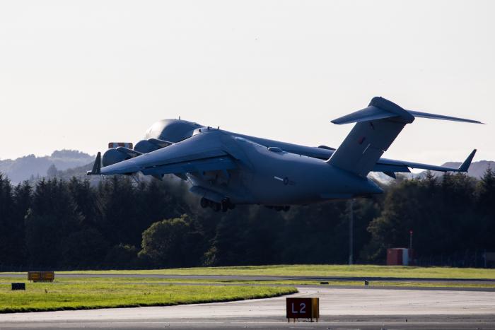 The RAF C-17 Globemaster III carrying the Queen’s coffin departing Edinburgh Airport.