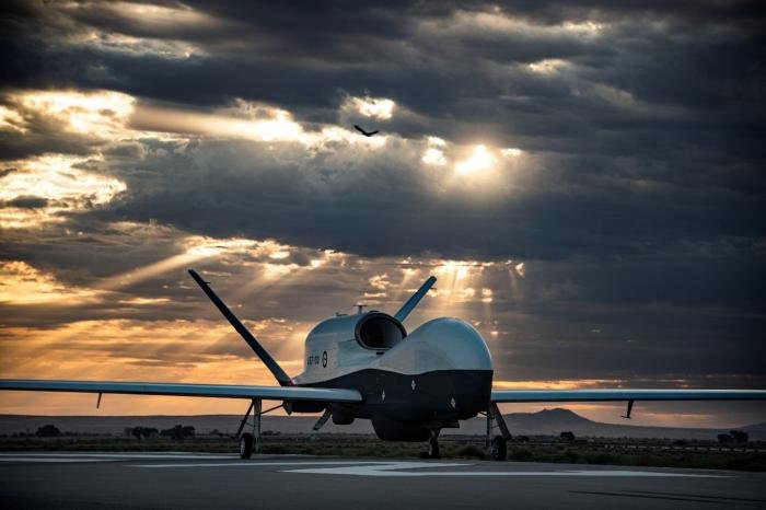 Australia's first Northrop Grumman MQ-4C Triton (serial A57-001) under cloudy skies in Palmdale, California. This aircraft is scheduled to be delivered to the RAAF in 2024.
