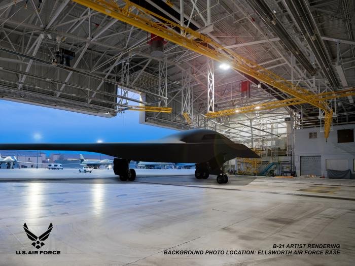 An digital rendering of the B-21 Raider inside a hangar at Ellsworth AFB, South Dakota. This installation will be the first operational location for the new stealth bomber. The USAF is expected to acquire at least 145 examples of the platform.