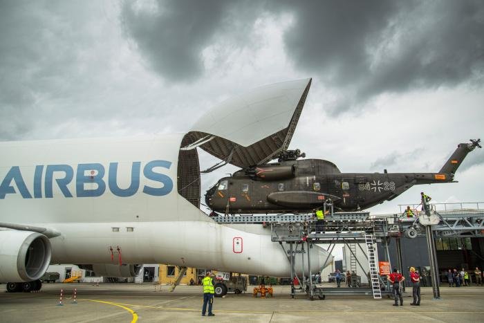 A Luftwaffe-operated CH-53G Sea Stallion (serial 84+26) is loaded into a Beluga A300-600ST using Airbus' new, self-funded outsized military cargo loading system during a verification exercise at Manching, Germany.