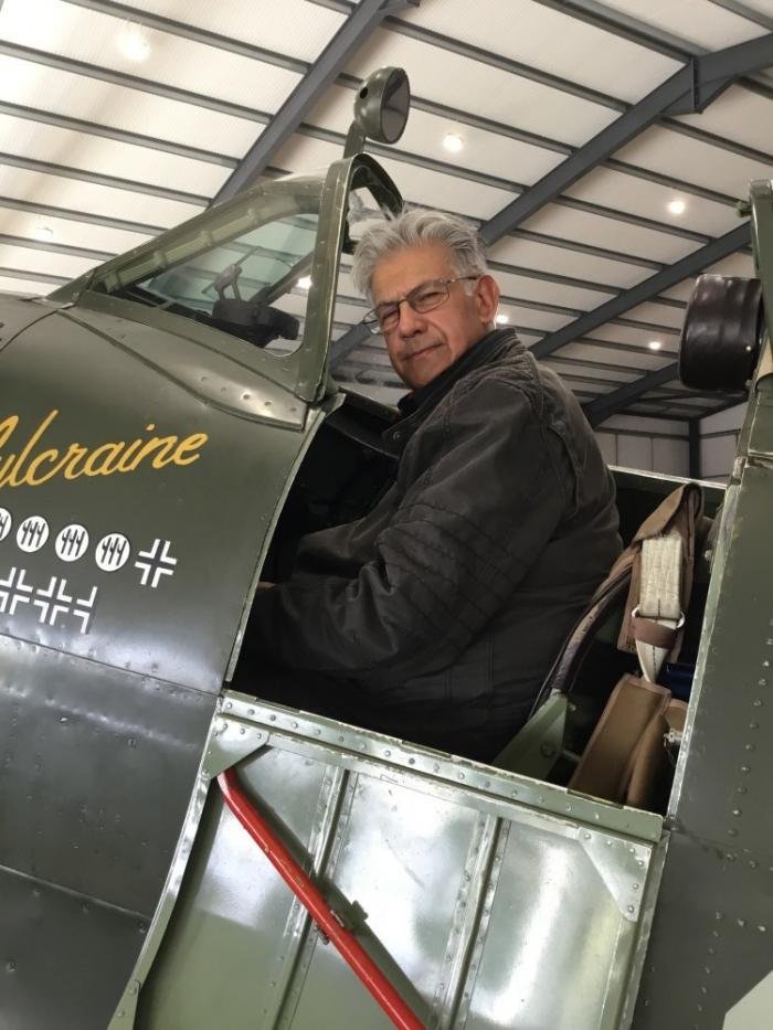 Acclaimed author Dilip Sarkar in the cockpit of OFMC’s famous Spitfire Mk.IX MH434