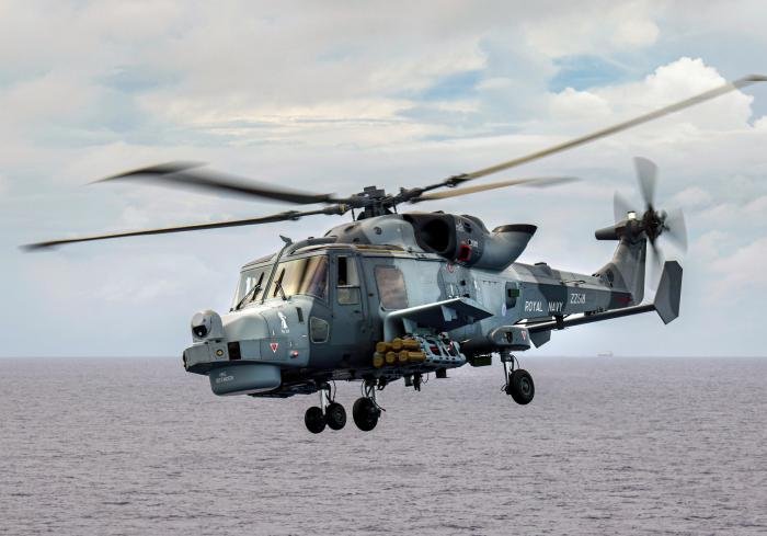 A Royal Navy Wildcat helicopter seen carrying the Martlet rocket system