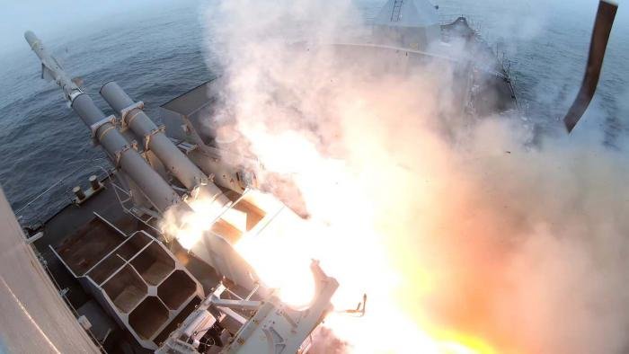 A Harpoon missile is launched from HMS Westminster at the ex USS Boone during the sinkex