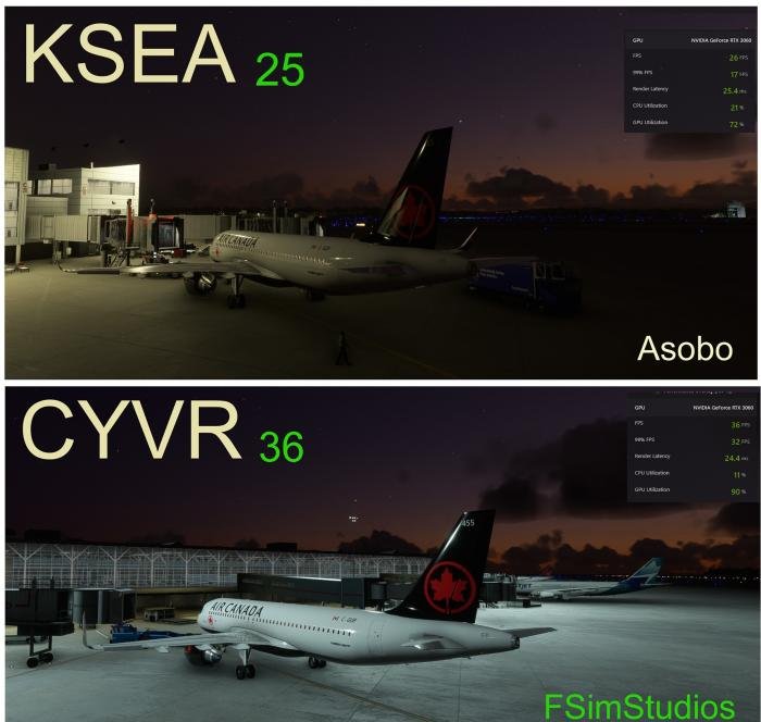 For comparison, here are three third-party airports and their relative frame rates, compared with Asobo’s KSEA.