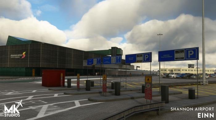 The landside area comes with car parks and road signs.