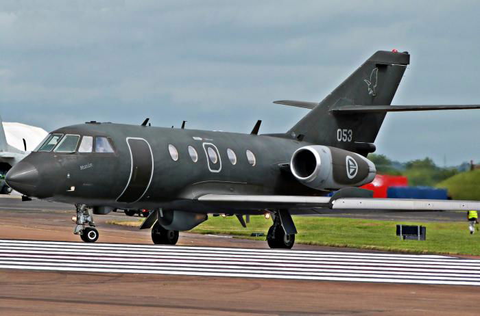 Dassault Falcon 20ECM (serial 053 'Munin') of the RNoAF's 717 Skvadron/FEKS prepares to depart RAF Fairford in Gloucestershire, England, after participating in the Royal International Air Tattoo in July 2016. Norway operated two Falcon 20ECMs in total.