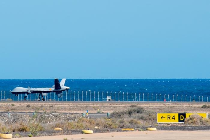 Spanish Air Force Predator B taxies out for its first flight at Lanzarote military aerodrome