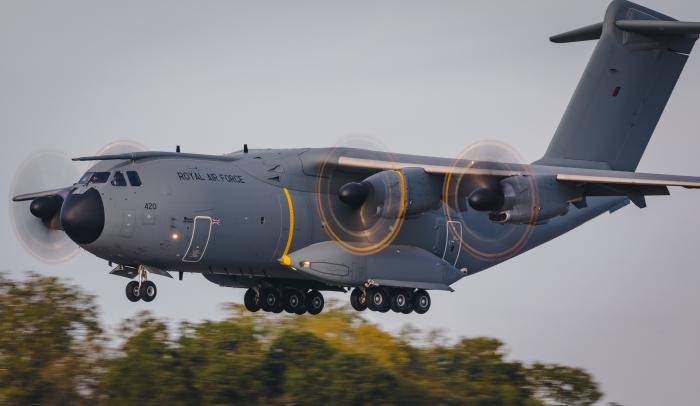 The latest Airbus A400M Atlas C1 heavy-lift tactical transport to be delivered to the RAF (serial ZM420) comes into land at RAF Brize Norton, Oxfordshire, following its delivery flight on October 11, 2022.