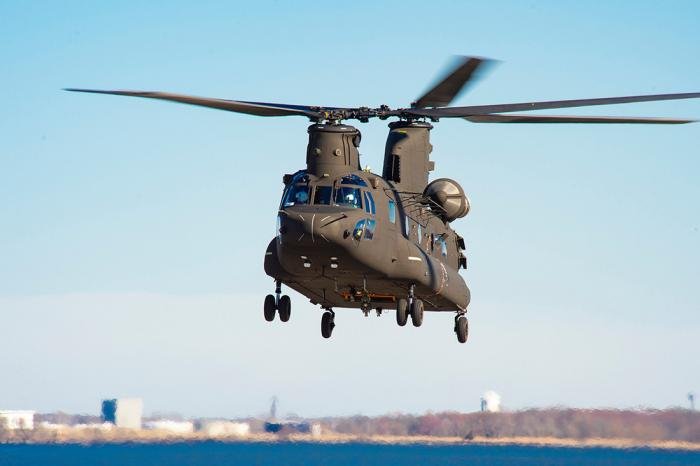 The Boeing CH-47F Block II Chinook heavy-lift tactical transport helicopter during its first flight.