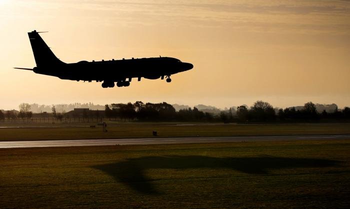 The UK's first Rivet Joint surveillance aircraft is pictured landing at RAF Waddington in November 2013.  Rivet Joints were procured by the RAF as part of project AIRSEEKER, which provides the UK with a world class capability able to provide real time on scene intelligence, surveillance and analysis to forces in the air and on the ground.