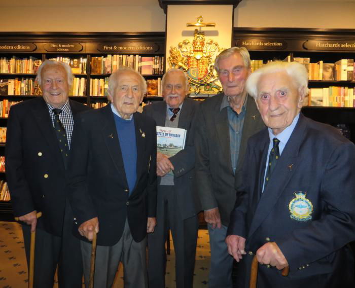 At the 2015 book launch event author Kenneth Wynn (centre) was joined by (left to right) Sqn Ldr Geoffrey Wellum DFC, Sqn Ldr Tony Pickering, Wg Cdr Paul Farnes DFM and Fg Off Ken Wilkinson. All have since sadly left us