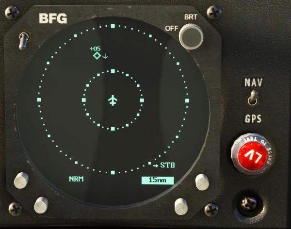 The Skywatch traffic avoidance system indicates the bearing and distance to nearby aircraft, with range and mode controls.