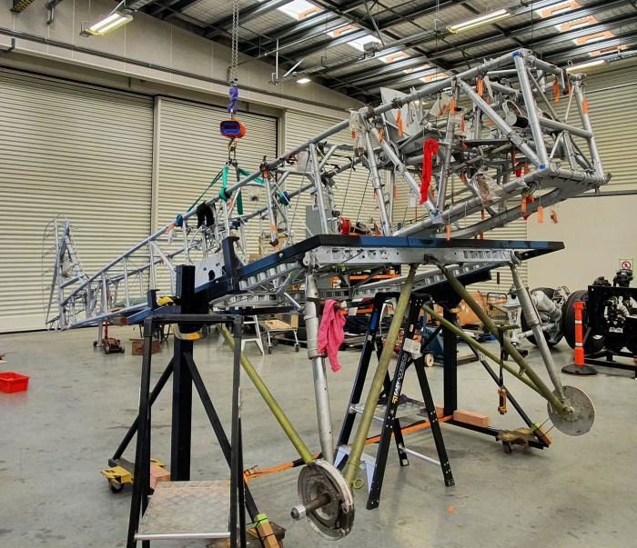 The impressive fuselage frame and lower wing centre section of Vickers Vildebeest NZ102 during the test-fitting at Wigram in mid-October.