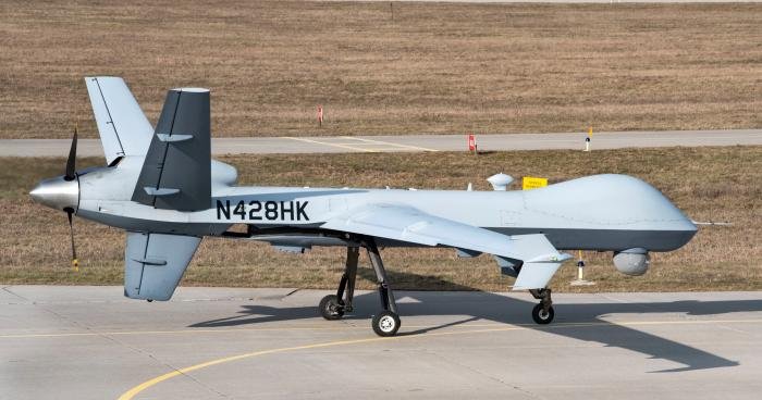 A USAF-operated MQ-9A Reaper (US registration N428HK) assigned to the 52nd Expeditionary Operations Group Detachment 2 taxis toward the runway at Mirosławiec Air Base in northwestern Poland on March 1, 2019. A detachment of USAF MQ-9As has been based in Poland since.