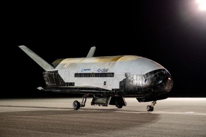 The Boeing X-37B that completed the OTV-6 mission rests on the flightline at NASA's Kennedy Space Center in Florida after returning from its 908-day orbital flight on November 12, 2022.