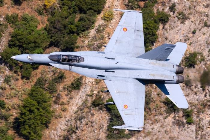 A Spanish Air Force  EF-18A+ of ALA 15 based at Zaragoza keeps it low at the NATO Tiger Meet 2022 in Greece. The Spanish Tigers used the beautiful greek canyons for their low level training