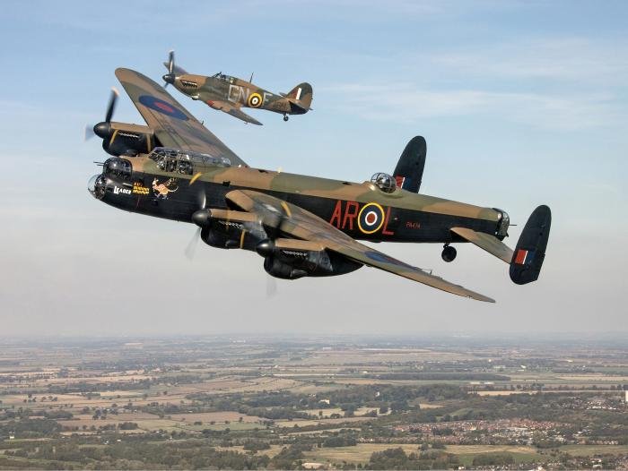 Avro Lancaster PA474 flying with the BBMF’s Hawker Hurricane LF363 in 2018
