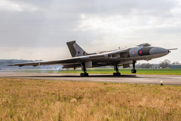 One of just three Vulcans capable of moving under its own power, XM655 gets air under 'her' nosewheel during a fast taxi demonstration at Wellesbourne in 2017