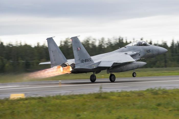 A Japan Air Self-Defense Force (JASDF) Boeing F-15J Eagle thunders into Alaskan skies from Eielson AFB during Exercise Red Flag-Alaska 15-3 on August 20, 2015.