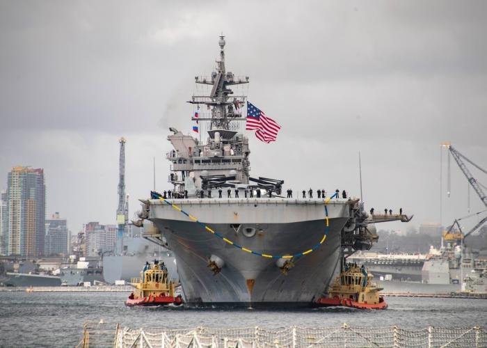Amphibious assault carrier USS Tripoli (LHA 7) transits San Diego Harbor as the ship returns to homeport. Tripoli returned to Naval Base San Diego following its initial deployment to the US 3rd and 7th Fleets in support of a free and open Indo-Pacific.