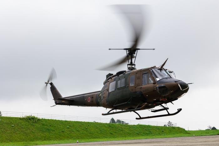 A JGSDF-operated UH-1J is used to carry out a medical evacuation exercise alongside the US Navy and US Marine Corps during the Artillery Relocation Training Program 22-2 at the Combined Arms Training Center at Camp Fuji in Japan on August 26, 2022