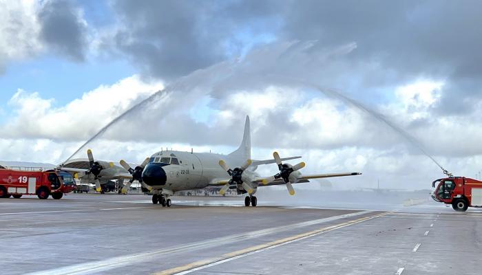 The final Spanish P-3M Orion receives a water salute upon landing after its final flight