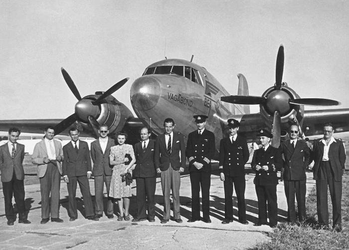 Named Vagrant by British European Airways, this is G-AGRW in the late 1940s, accompanied by BEA personnel.